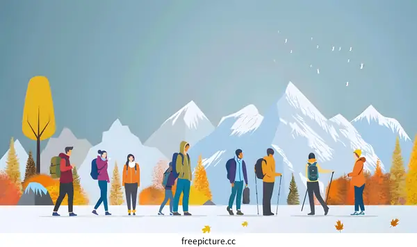 Group of People Hiking in Mountains with Autumn Foliage