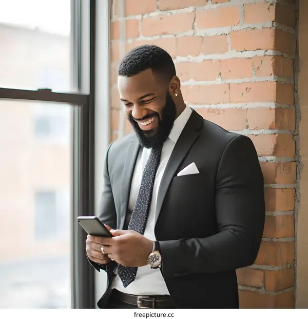 Smiling Businessman Using Smartphone Near Window