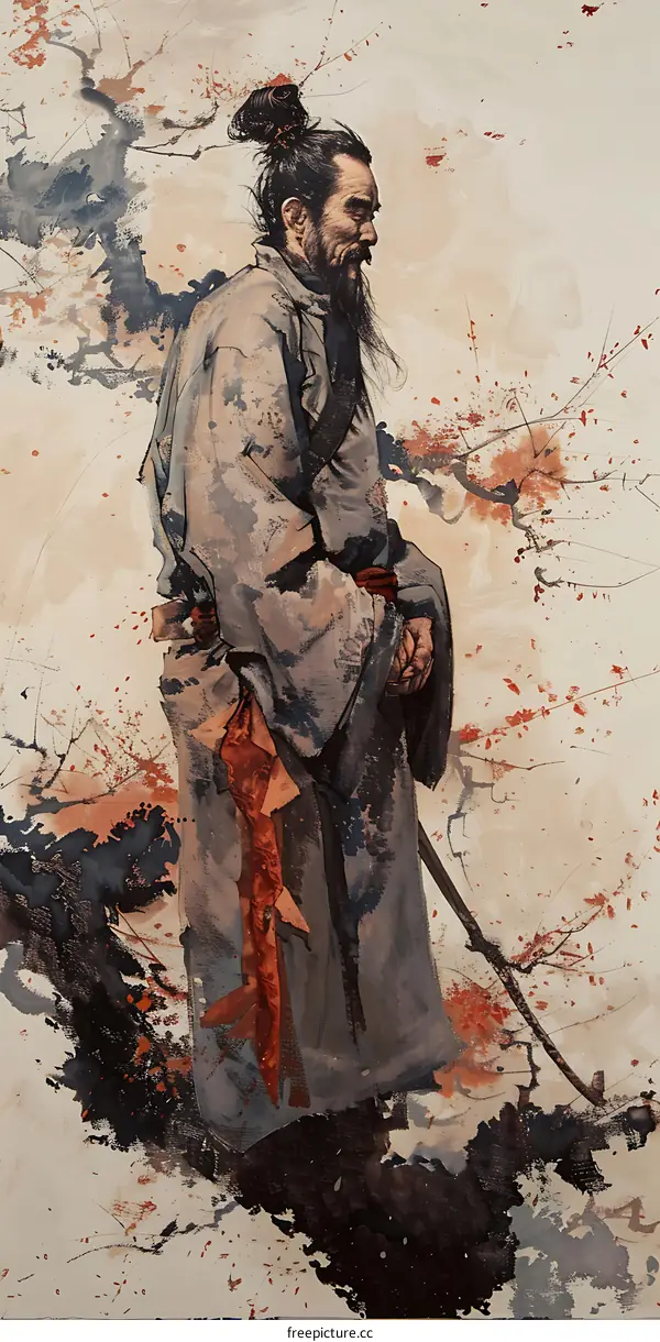 Watercolor Painting of a Chinese Man in Traditional Clothing Standing in a Landscape