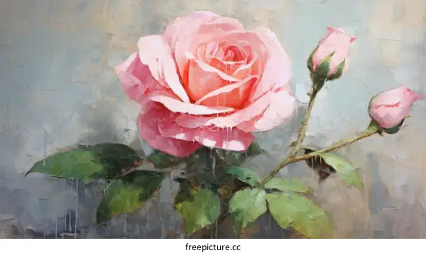 Pink rose with buds and leaves