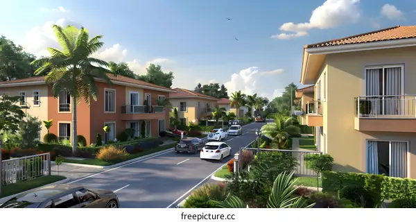 Suburban Homes with Palm Trees and Cars