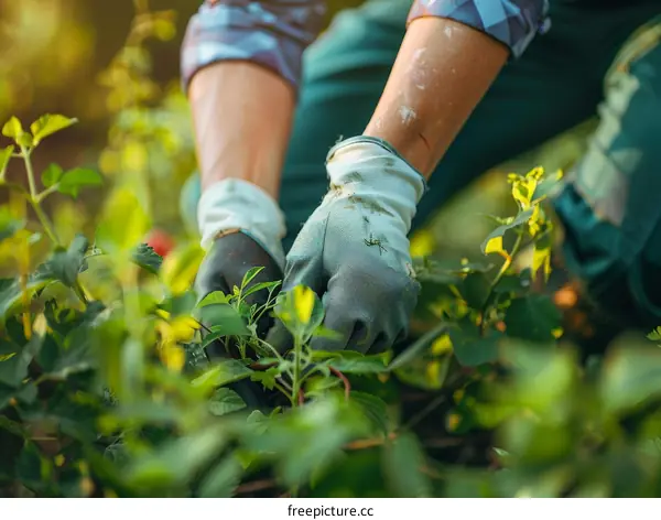 Close-up of a gardener's hands working in the garden