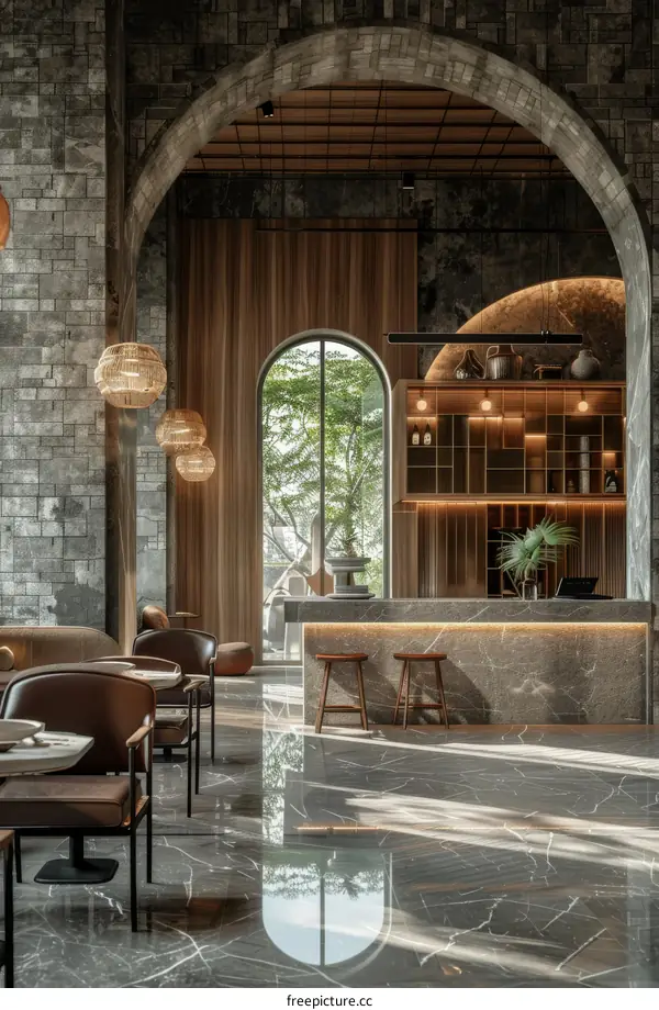 Modern Lobby with Stone Walls and Wooden Details