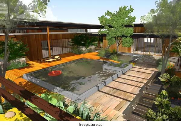 Modern House with Backyard Pond and Patio