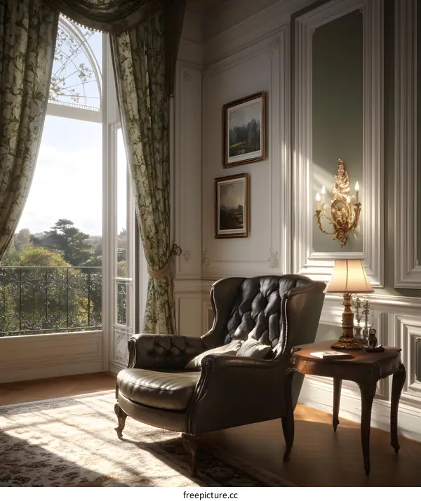 Elegant Living Room With Leather Armchair And View Of Trees Through Window