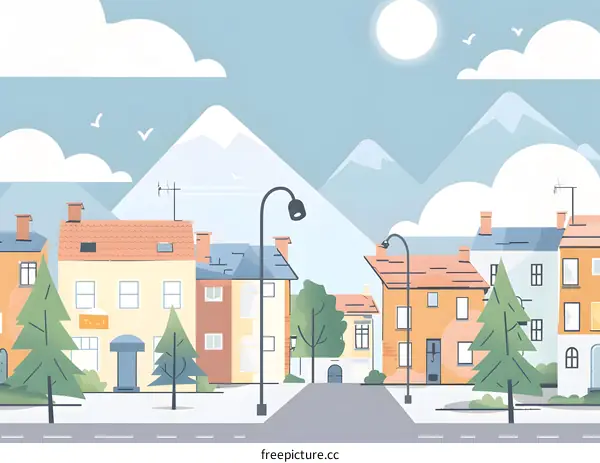 Illustration of a Small Town with Snowy Mountains