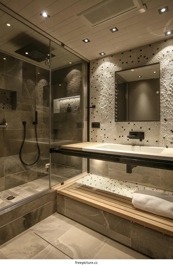 Luxury bathroom with stone wall feature
