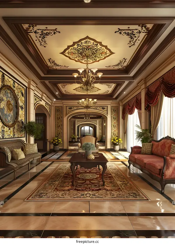 Luxury Living Room Interior Design With Ornate Ceiling