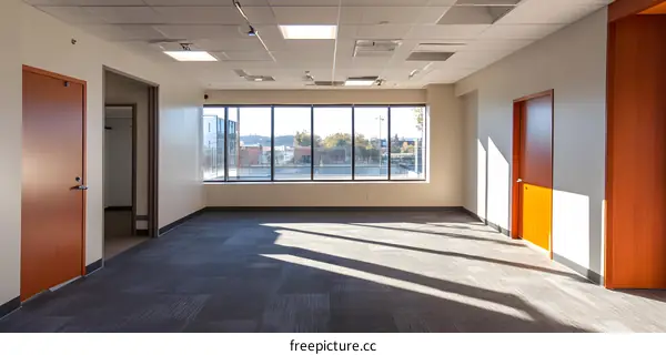 Empty Office Space with Large Window and Wooden Doors