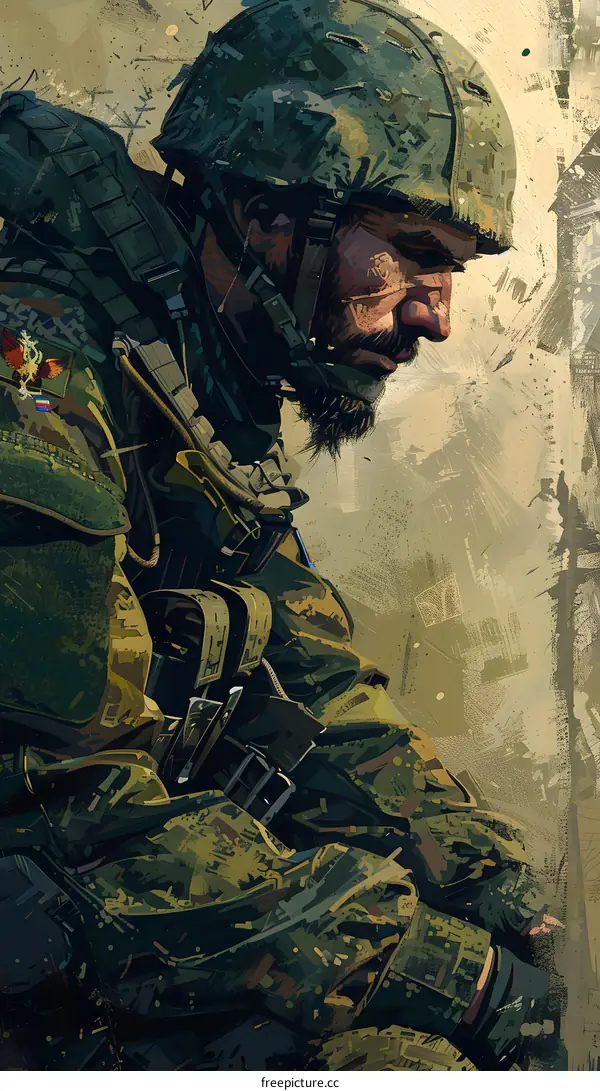 A soldier wearing a camouflage helmet and a beard is looking down