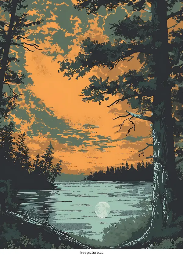 Forest and Lake with Full Moon at Sunset
