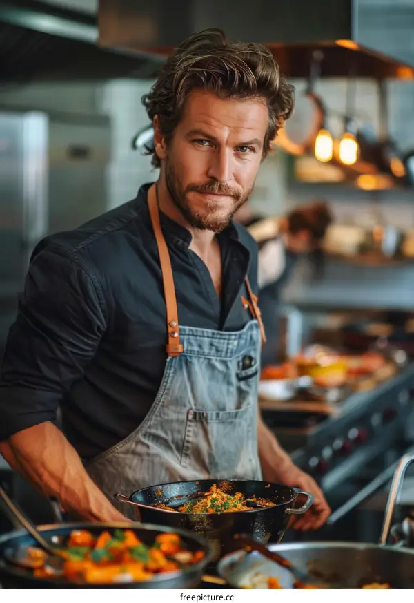 Handsome male chef cooking in a commercial kitchen