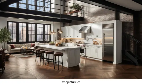 Modern Industrial Kitchen with Large Windows and Brick Walls
