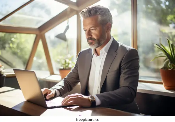 A businessman is working on his laptop in a modern office