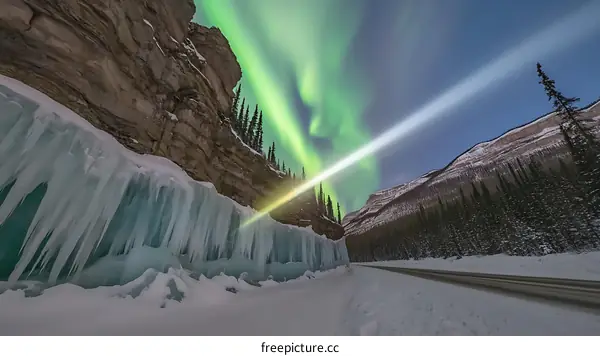 Aurora Borealis Over Ice Wall in the Canadian Rockies