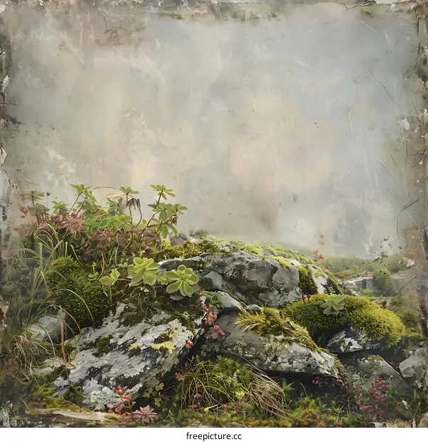 Vintage Background with Green Moss and Stones