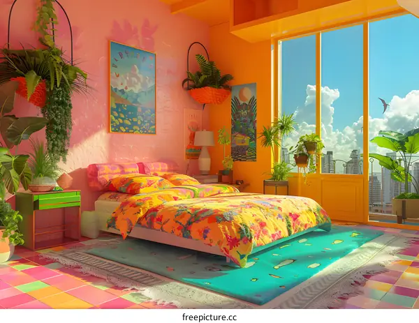 Tropical Bedroom Interior Design with Yellow and Pink Walls