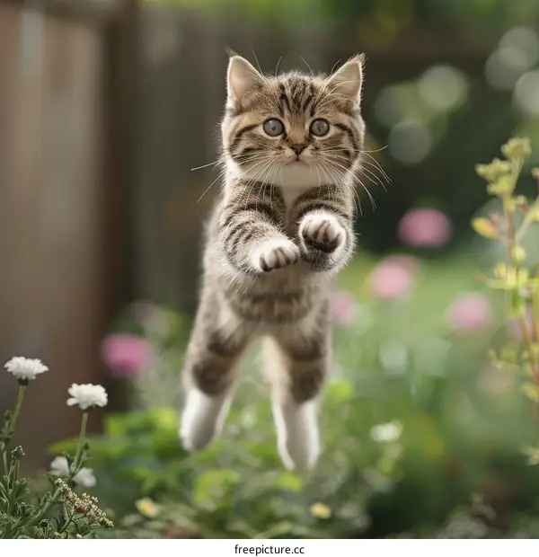 Small tabby kitten jumping in mid air