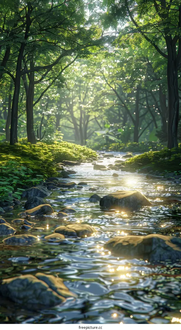 Sunlit Creek in a Lush Green Forest