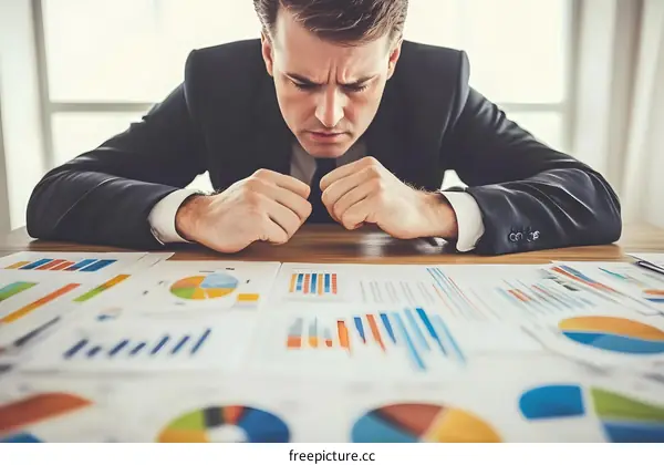 Businessman Stressed Over Financial Charts and Graphs