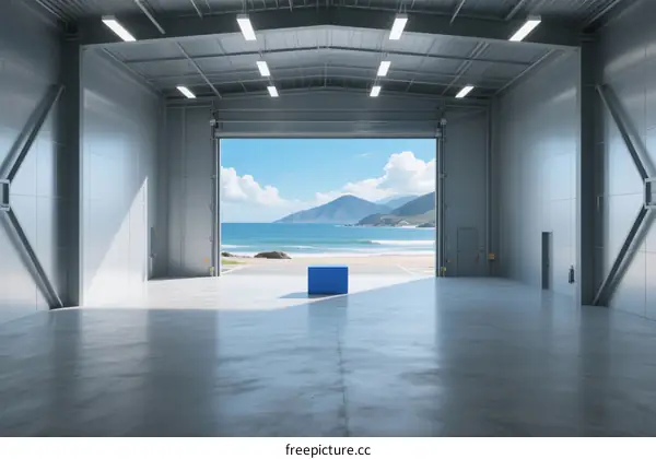 Spacious Modern Garage with Ocean View Through Open Doors