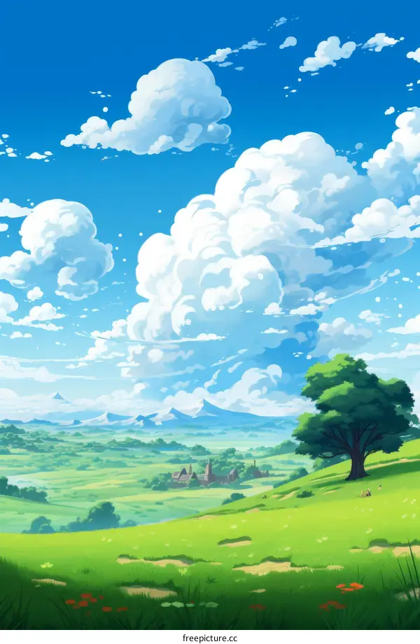 fantasy landscape with a large tree in the foreground and a village in the distance