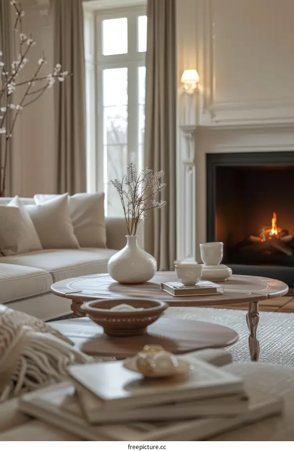 Sophisticated Living Room Interior with Fireplace and Neutral Accents
