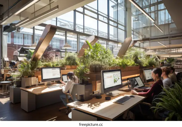Green office space with people working at computers