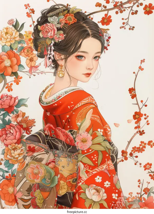 Japanese Woman in Traditional Kimono with Floral Design