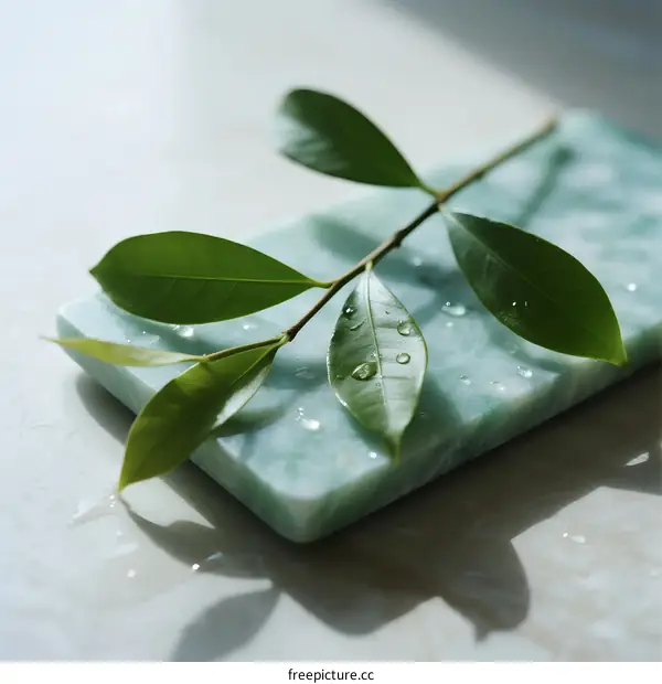 Fresh Green Leaf with Dew Drops on Marble Surface