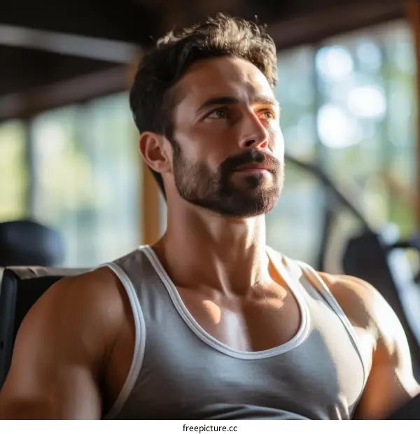 Handsome muscular man in a white tank top looking away from the camera
