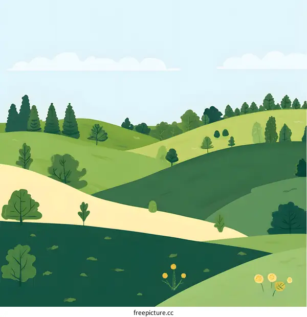 Green Hills Landscape with Trees and Sky