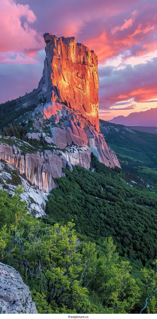 The sun sets over a large rock formation in the mountains