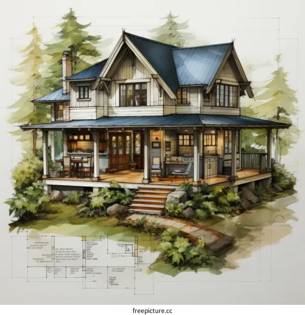 An illustration of a beautiful house with a blue roof and a porch