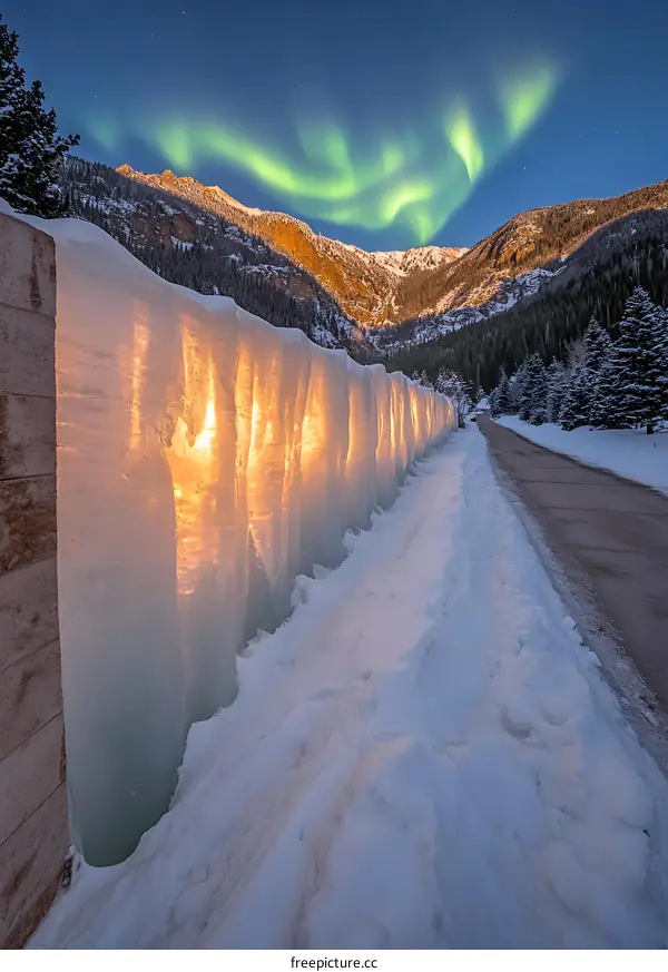 Northern Lights Aurora Borealis Over Snowy Mountain Road with Ice Wall