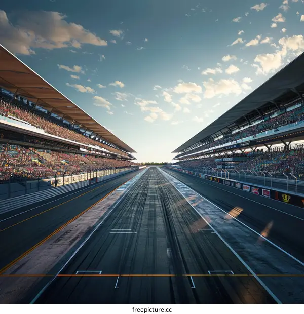An empty racetrack with a clear sky