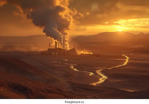 Power plant at sunset emitting smoke into the atmosphere