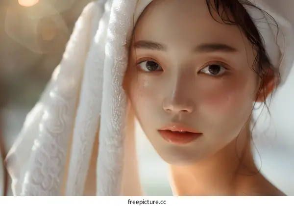 Close-up portrait of a beautiful young woman with a towel on her head