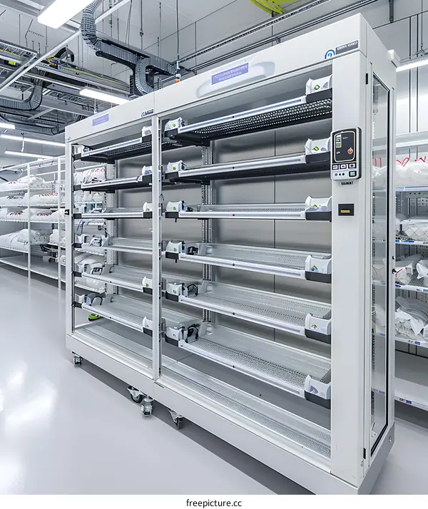 White Shelving Unit With Glass Doors in a Clean Room Environment