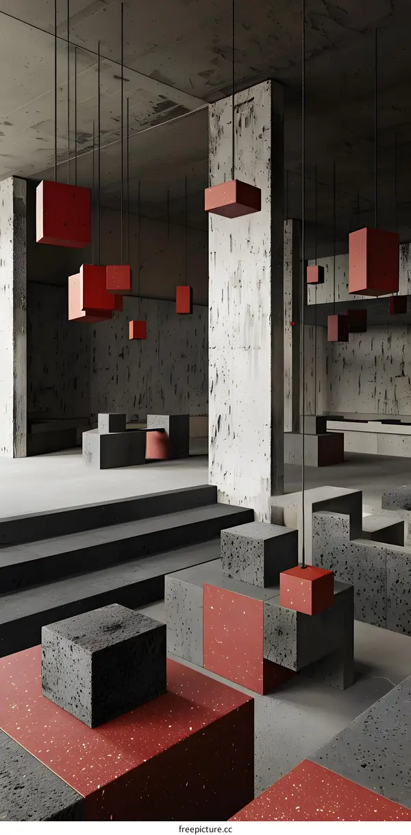 Abstract Minimalist Interior Design with Red Cubes and Grey Concrete