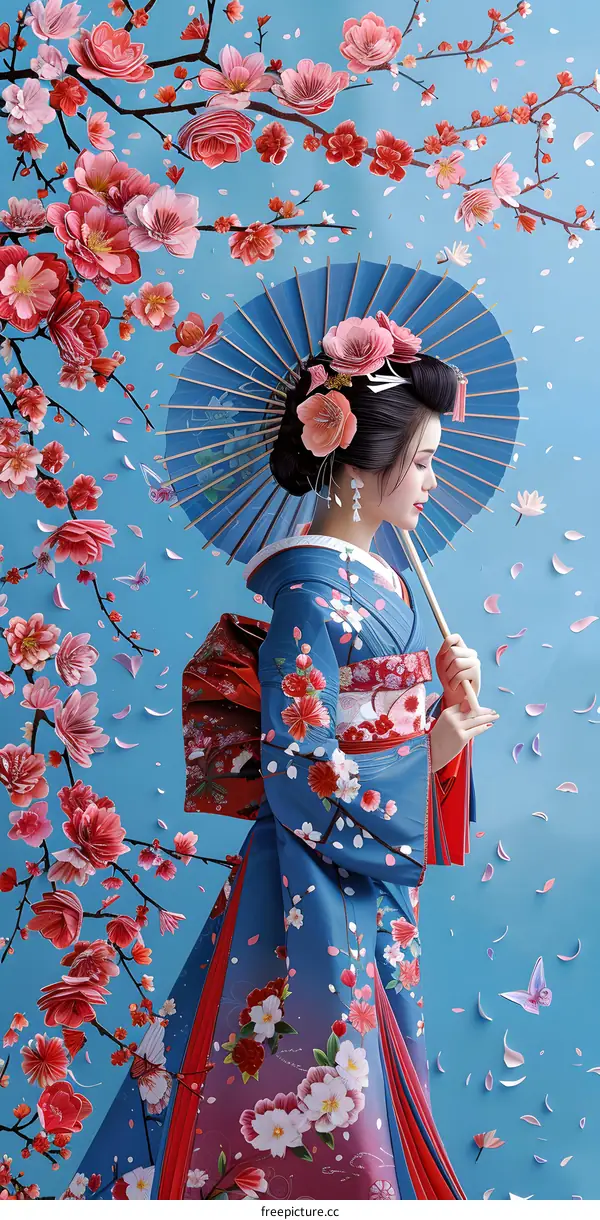 A woman in a kimono holding a blue umbrella stands in a field of cherry blossoms.