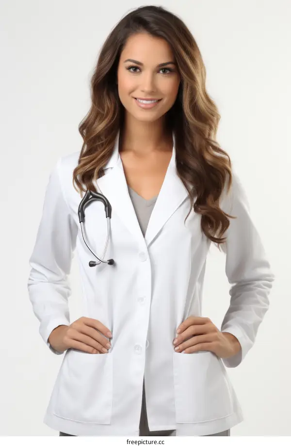Confident female doctor in a white coat with stethoscope