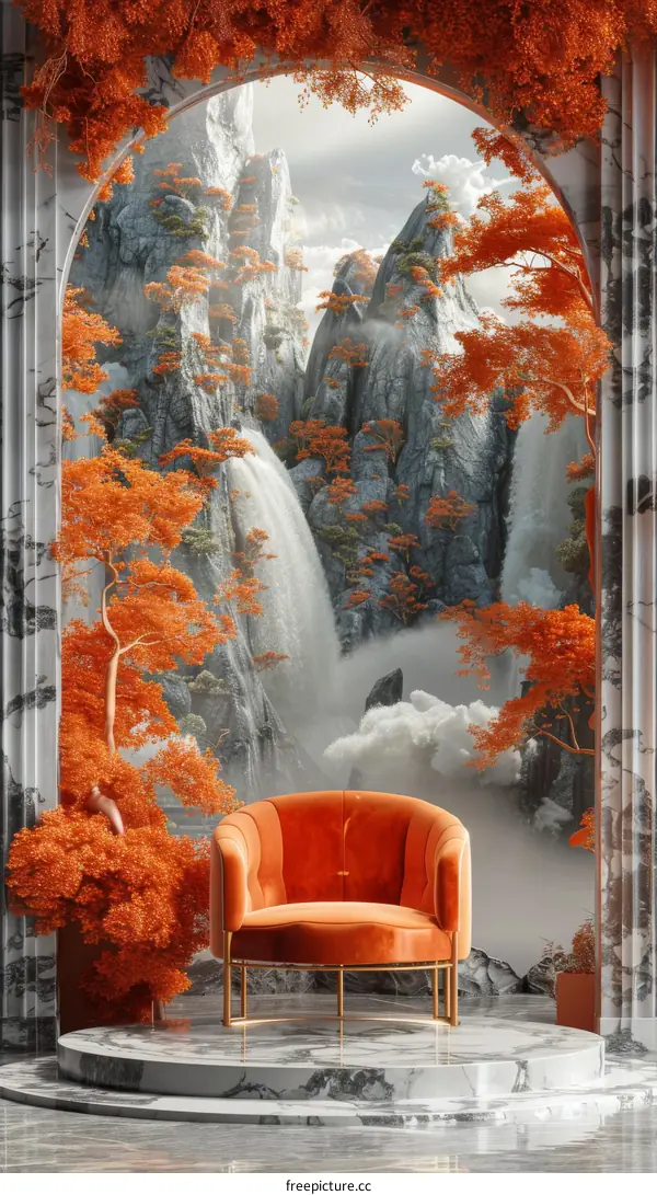 A Sophisticated Orange Velvet Chair in a Chinese Landscape