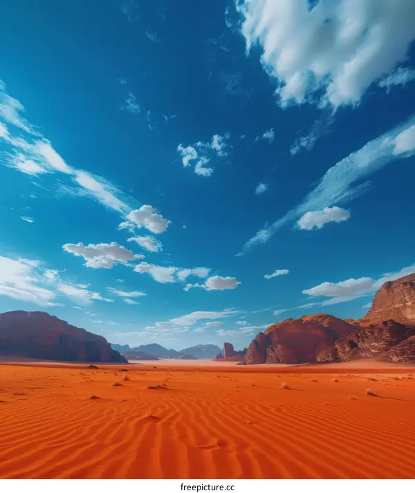 A vast expanse of red sand dunes under a blue sky with white clouds