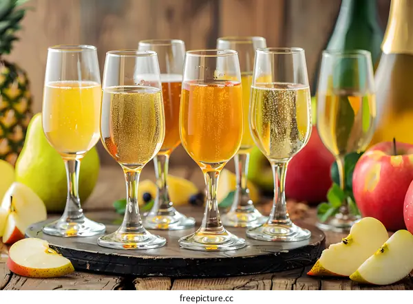 Closeup of Glasses of Sparkling Cider with Apples and Pears
