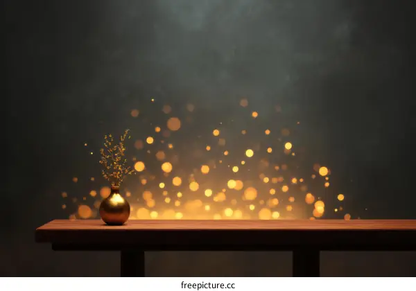 Golden Vase on Wooden Table with Bokeh Lights