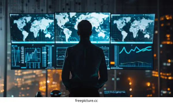 Businessman looking at multiple computer screens with graphs and data in a dark room
