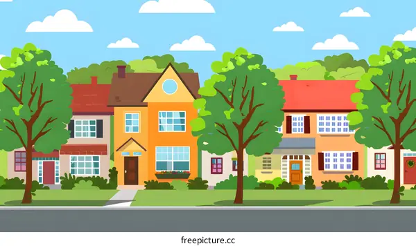 Colorful Houses on a Sunny Day with Green Trees
