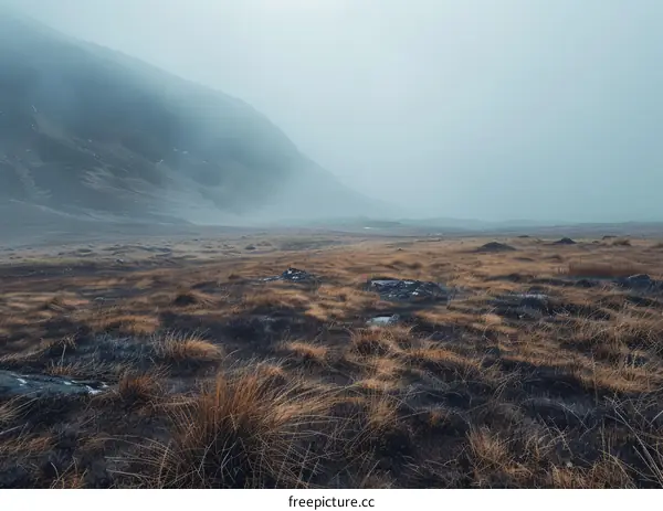 Foggy Mountain Landscape with Grass Field in Foreground