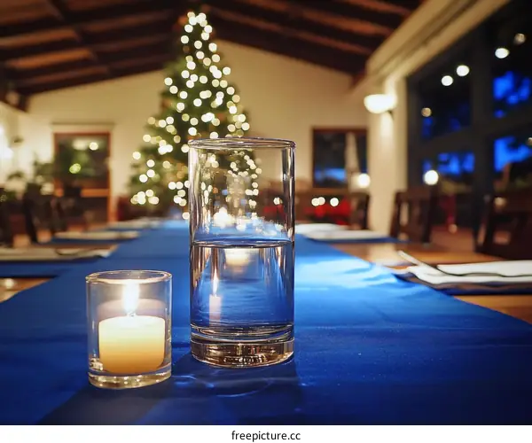 Christmas Dinner Table Setting with Candle and Glass of Water